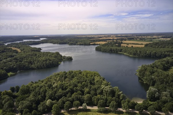 Aerial view of Dutzower See in the Schaalsee UNESCO Biosphere Reserve, state border, Dutzow,
