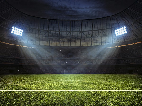 Sport concept background, soccer footbal stadium with floodlights. Grass football pitch with mark