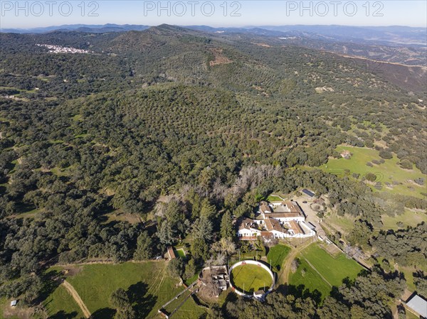Country estate with own bullring in the Sierra de Aracena. aerial view, drone shot, Huelva