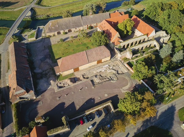 Aerial view of Memleben Monastery and presumed imperial palace, Memleben, Saxony-Anhalt, Germany,