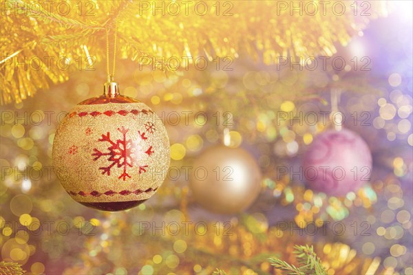 Christmas celebration holiday background, christmas-tree decoration bauble on decorated Christmas