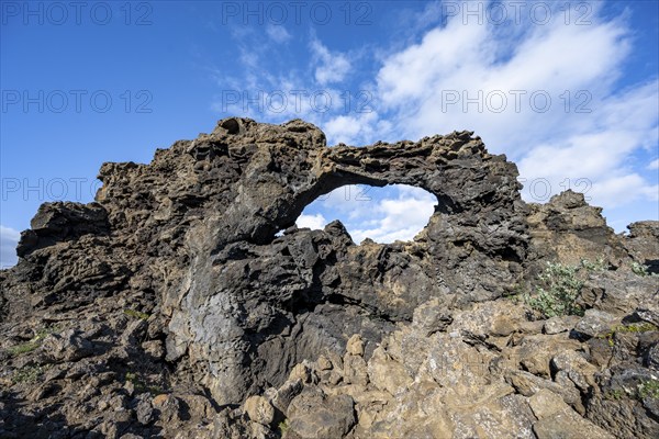 Rock arch, volcanic rock formations, Krafla volcanic landscape, Dimmuborgir lava fields, Mývatn,