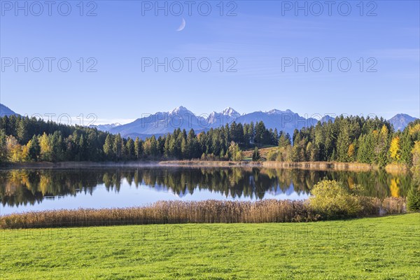 Photomontage, Hegratsrieder See near Füssen, moon, Allgäu Alps, Allgäu, Bavaria, Germany, Europe