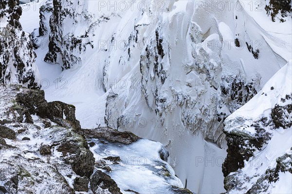 Icy and snow-covered Kolugljufur Canyon, Northern Iceland Vestra, Iceland, Europe