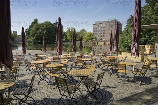 Empty chairs, Restaurant Waldhornschenke, Hagenbucher See, Untere Neckarstraße, Heilbronn,