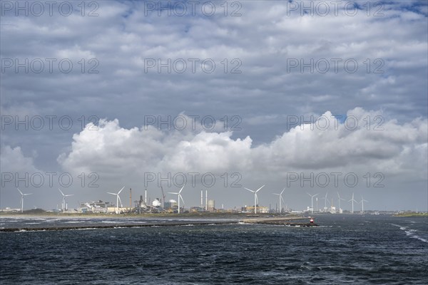 Noordpier Wijk Aan Zee, wind turbines and the steelworks of Tata Steel, North Holland, Netherlands