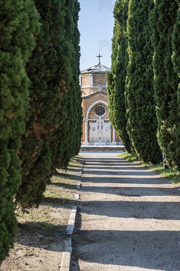 Cypress avenue at the central cemetery of Venice, cemetery island of San Michele, Venice, Italy,
