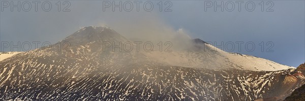 Snow-capped peaks, trees, wall of lava rubble, Etna, volcano, eastern Sicily, Sicily, Italy, Europe