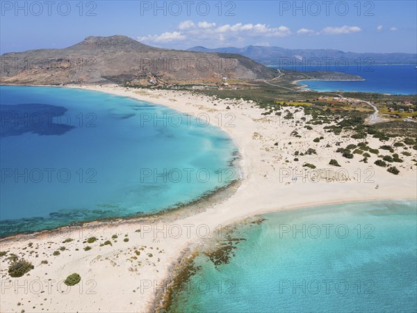 Drone shot, double bay of Simos beach, Sarakiniko beach, Elafonisos, Deer Island, Laconia,