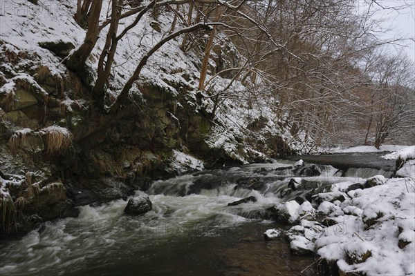 Waterfall in the Polenz in Saxon Switzerland in winter, Saxon Switzerland, Elbe Sandstone
