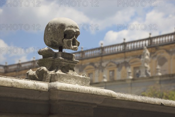 Skulls on the ballustrades in the monks' cemetery, Great Cloister of the Certosa di San Martino on