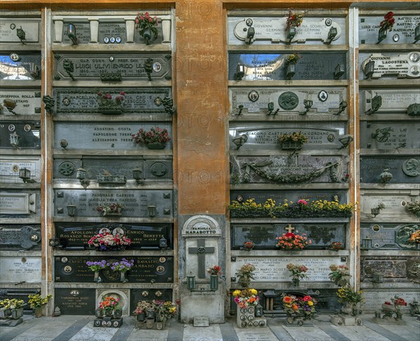 Wall with decorated graves at the Monumental Cemetery, Cimitero monumentale di Staglieno), Genoa,