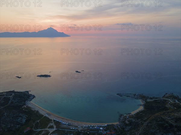 Aerial view, dawn, view of Mount Athos, Orthodox monastic republic with autonomous status under
