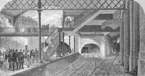 The Metropolitan Railway in 1869, railway, here Kings Cross station in London, England, Historic,