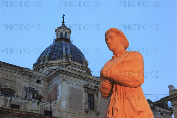 In the old town of Palermo, in Piazza P, Sicily, Italy Retoria, fountain figure of the Fontana
