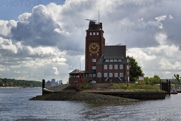 Seemannshöft pilot house, historic brick building with observation tower, clock tower on the Elbe,
