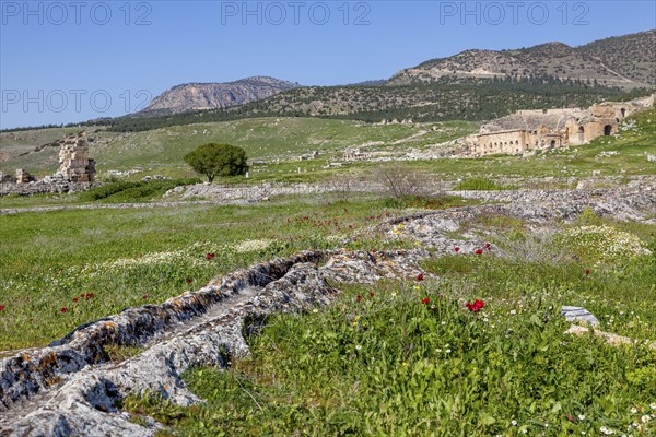 Remains, ruins in Hierapolis, in the background ruins of the ancient theatre Hieropolis, near