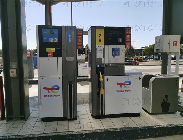 Petrol pump for diesel, truck diesel, at a motorway service station on the A31 in France, Aire de