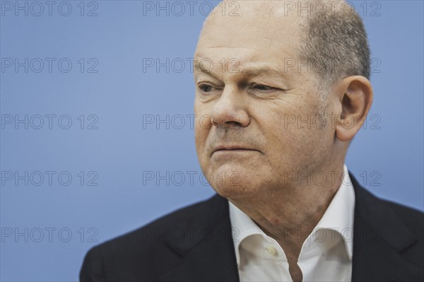 Olaf Scholz (SPD), Federal Chancellor, recorded at a federal press conference on current domestic