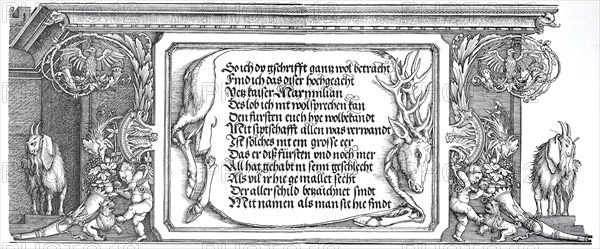 The triumphal arch for the emperor Maximilian, inscription tablet with the deer's skin, woodcut by