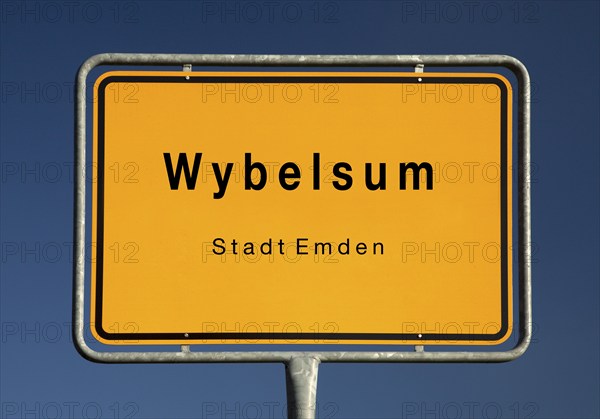 Town sign for Wybelsum, a district of Emden, East Frisia, Lower Saxony, Germany, Europe
