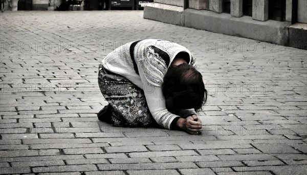 Social hardship, Torn beggar woman with poor clothes in humble posture kneeling on the street, KI