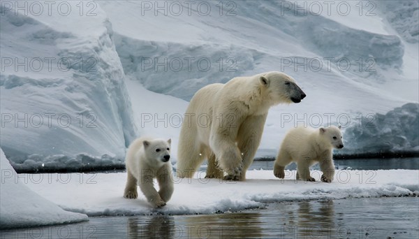 A polar bear with its two cubs walks through the snow in the polar region, AI generated