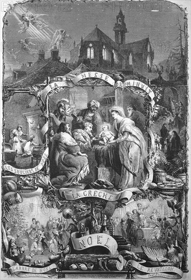 Christmas, Christmas Eve, Birth of Jesus Christ depicted with the manger, 1869, France, Historic,