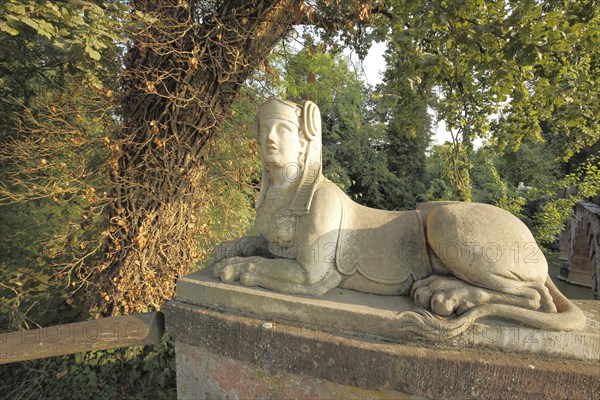 Egyptian Sphinx Sculpture in Schönbusch Park in Aschaffenburg, Lower Franconia, Franconia,
