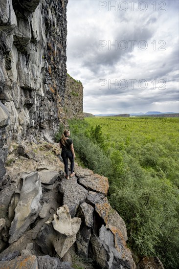 Tourist standing at the canyon, Asbyrgi Canyon, Lake Botnstjörn, lake at a cliff, Icelandic