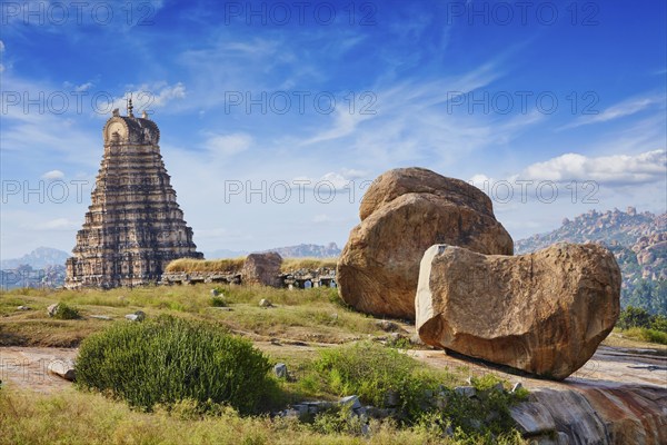 Gopura (or gopuram) tower of Virupaksha Temple. Hampi, Karnataka, India, Asia