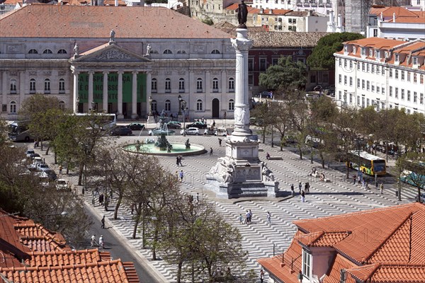 View of the old town, National Theatre and Rossio Square with monument to Dom Petro IV, Lisbon,