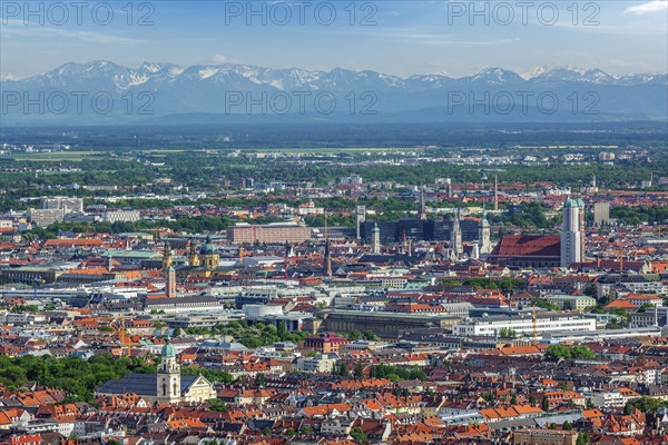 Aerial view of Munich center from Olympiaturm (Olympic Tower) . Munich, Bavaria, Germany, Europe