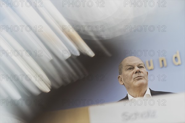 Olaf Scholz (SPD), Federal Chancellor, recorded at a federal press conference on current domestic