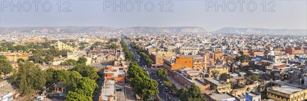 Panorama of aerial view of Jaipur (Pink city), Hawa Mahal (Palace of Winds" or â??Palace of the