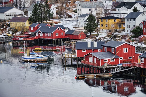 Reine fishing village on Lofoten islands with red rorbu houses in winter with snow. Lofoten