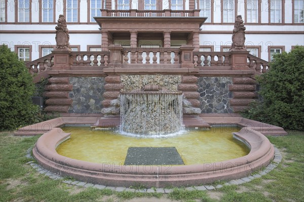 Ornamental fountain with water basin at Philippsruhe Castle, Kesselstadt, Hanau, Hesse, Germany,