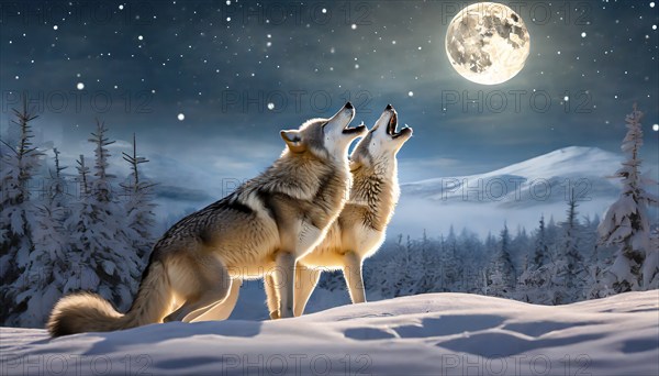 Two wolves in a winter landscape howl at the full moon, AI generated