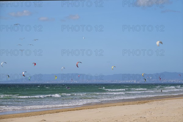 Kiteboarding kitesurfing kiteboarder kitesurfer kites on the Atlantic ocean beach at Fonte da Telha