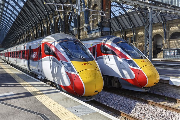 Azuma express trains of the London North Eastern Railway LNER at King's Cross station in London,