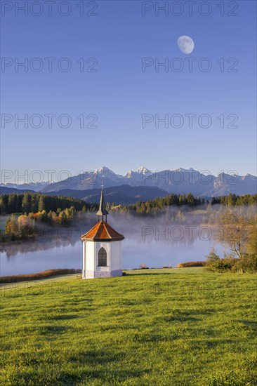 Photomontage, chapel at Hegratsrieder See, near Füssen, moon, Allgäu Alps, Allgäu, Bavaria,