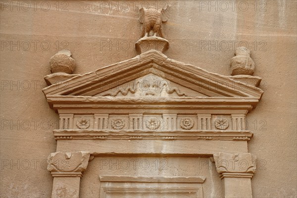Detail of a Nabataean tomb at the rock Qasr Al-Bint, Hegra or Madain Salih, AlUla region, Medina