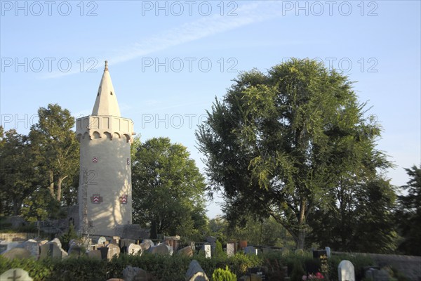 Cemetery with historic fortified defence tower, Seligenstadt, Main, Hesse, Germany, Europe