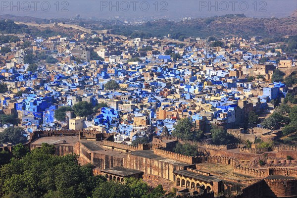 Aerial view of Jodhpur, also known as Blue City due to the vivid blue-painted Brahmin. View from
