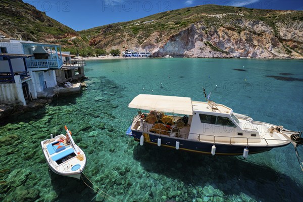 Greek village scenic picturesque view in Greece, fishing boat and fishing village of Firapotamos
