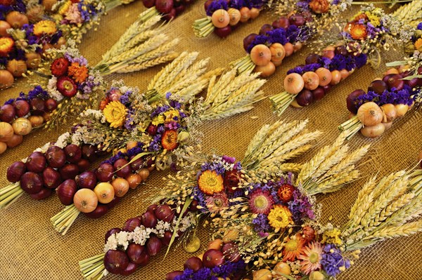 Market stall with onion plaits, traditional harvest jewellery, onion market, Bern, Canton of Bern,