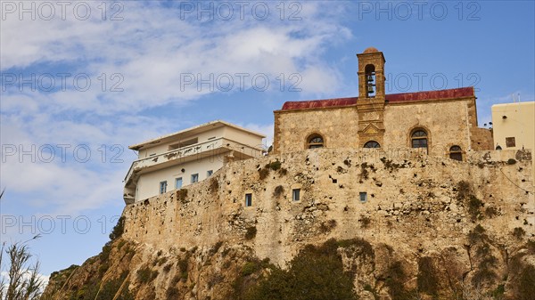 High wall, church, red roof, white outbuilding, Chrissoskalitissa, rock monastery, Orthodox