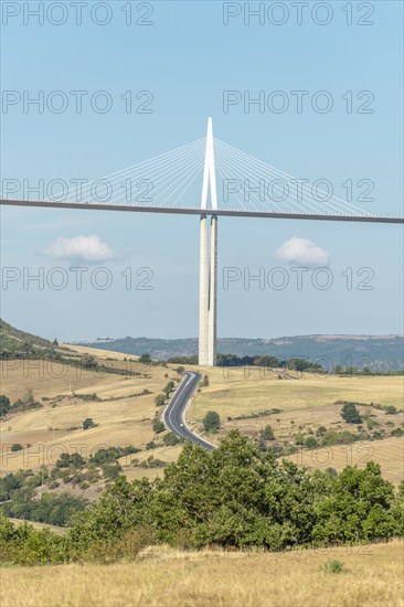 Millau viaduct, cable-stayed bridge over Tarn valley. The highest road bridge in the world. A75