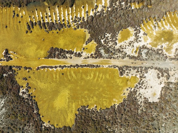 Sandbanks at the shallow lagoon Salinas de Cerrillos, aerial view, drone shot, Almería province,