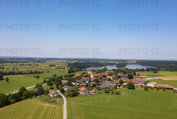 Drone shot, Abtsdorfer See with village Abtsdorf, Rupertiwinkel, Upper Bavaria, Bavaria, Germany,